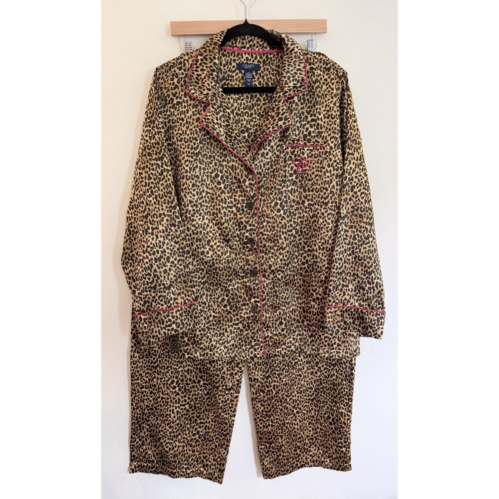 CHAPS Leopard Print Pajama Set Women’s XL Cotton Blend Button Front Pink Piping
